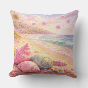 Pink Ocean Beach Shells Flowers Fantasy Landscape Throw Pillow