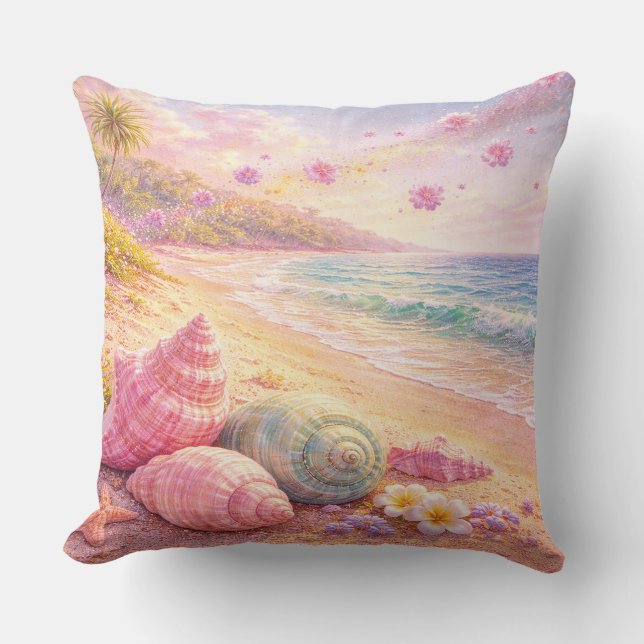 Pink Ocean Beach Shells Flowers Fantasy Landscape Throw Pillow (Front)