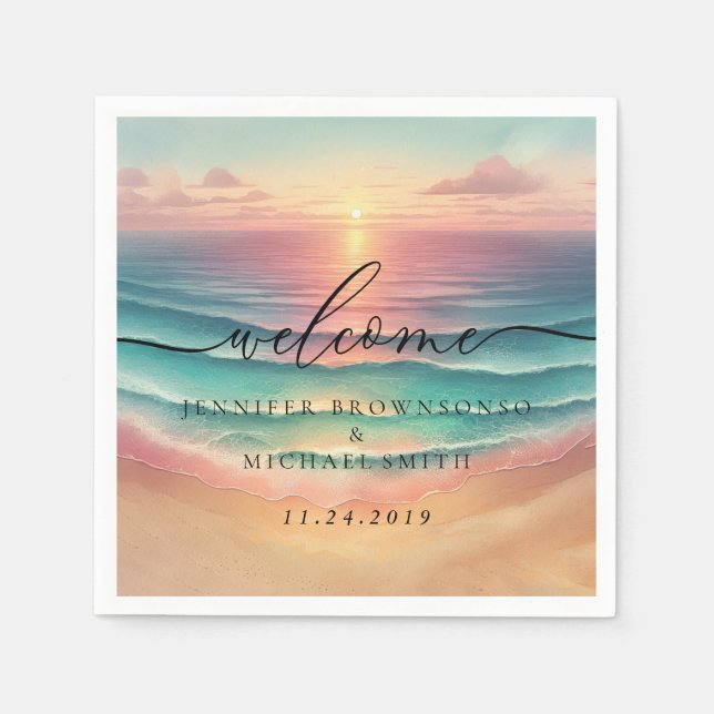 Pink Ocean Beach Signature sunset Welcome Wedding Napkin (Front)