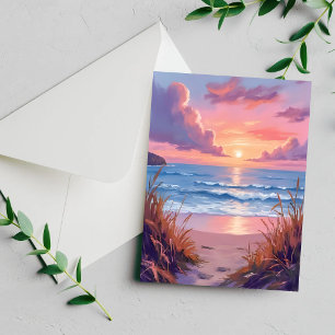 Pink Ocean Sunset Beach Watercolor Painting Card
