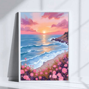 Pink Ocean Sunset Watercolor Flowers Painting Poster