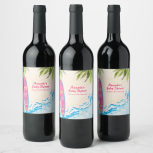Pink Ocean Surf Plam Tree Beach Baby Shower Wine Label