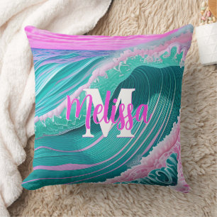 Pink ocean waves Monogram Throw Pillow
