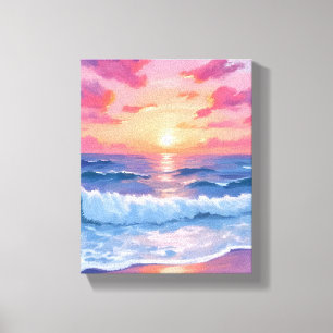 Pink Ocean Waves Sunset Watercolor Canvas Print