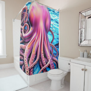 Pink Octopus Blue Ocean Wave Background