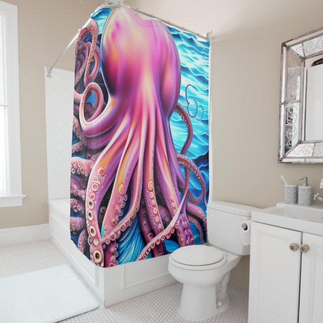 Pink Octopus Blue Ocean Wave Background (In Situ)