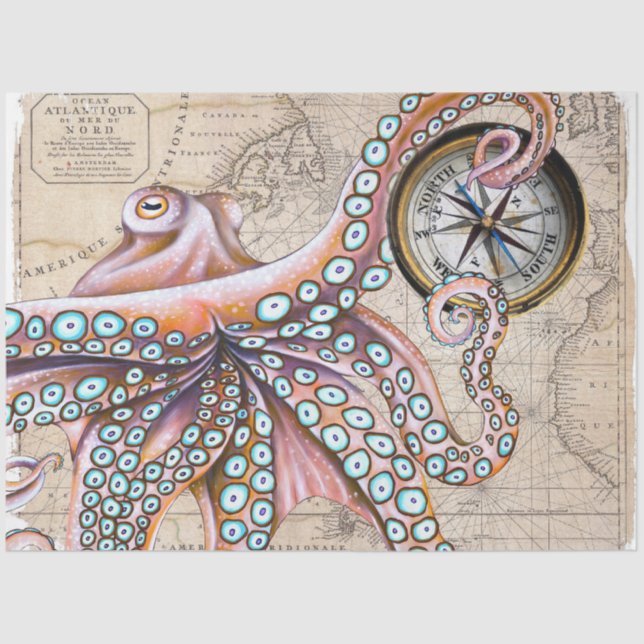 Pink Octopus Kraken Vintage Map Compass Tissue Paper (Front)