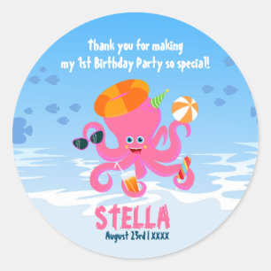 Pink octopus summer baby girl Birthday Party Classic Round Sticker