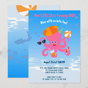 Pink octopus summer baby girl Birthday Party Invitation