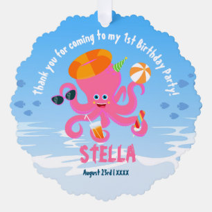 Pink octopus summer baby girl Birthday Party Ornament Card