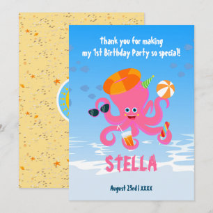 Pink octopus summer baby girl Birthday Party Thank You Card