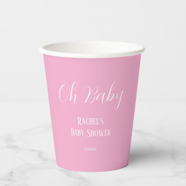 Pink Oh Baby Girl Baby Shower Script Cute Modern Paper Cups (Front)
