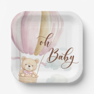 Pink Oh Baby Script Bear in Hot Air Balloon Shower Paper Plate