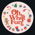 Pink Oh What Fun Christmas Birthday Dessert Favour Classic Round Sticker<br><div class="desc">Oh What Fun! This pink Christmas collection is the perfect way to celebrate your little one's birthday in style during the magical holiday season! This printable template package is designed to make your child's winter birthday party unforgettable.</div>