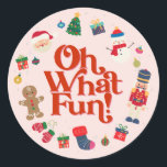 Pink Oh What Fun Christmas Birthday Dessert Favour Classic Round Sticker<br><div class="desc">Oh What Fun! This pink Christmas collection is the perfect way to celebrate your little one's birthday in style during the magical holiday season! This printable template package is designed to make your child's winter birthday party unforgettable.</div>