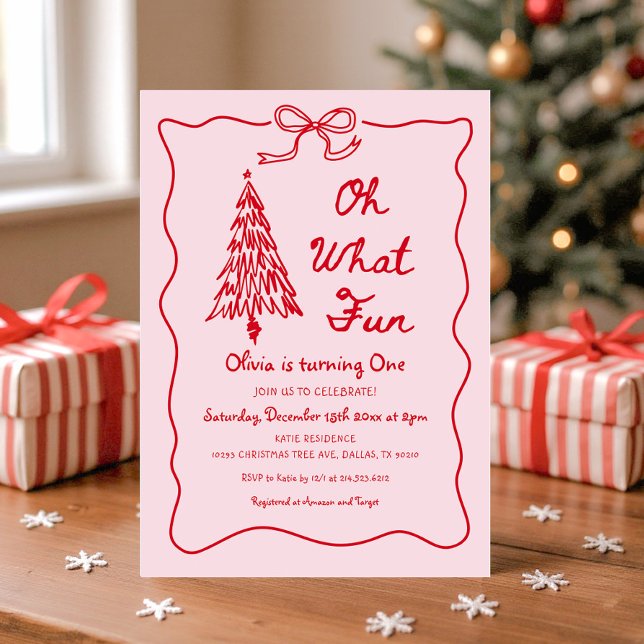 Pink Oh What Fun Holiday Girl 1st Birthday Party Invitation (Creator Uploaded)
