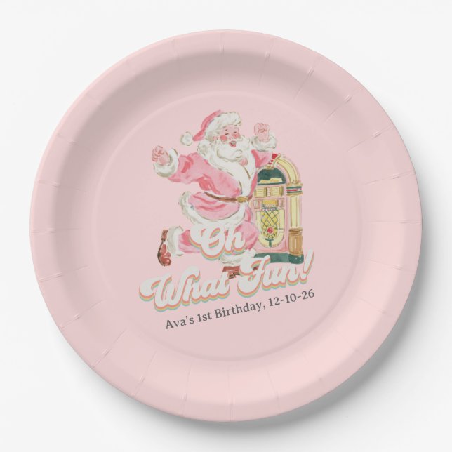 Pink Oh What Fun-Retro Groovy Santa Claus Birthday Paper Plate (Front)