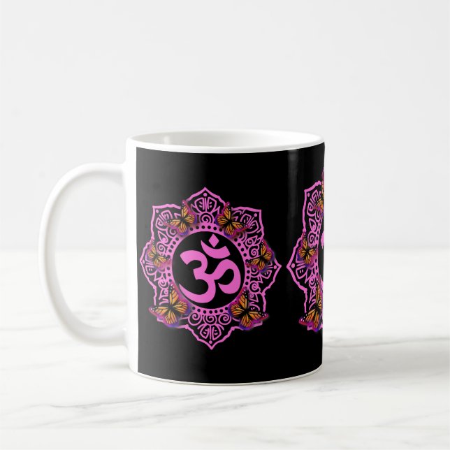 Pink ohm mandala design with Monarch butterflies Coffee Mug (Left)