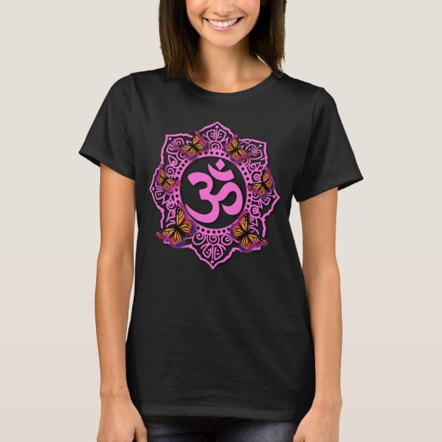 Pink ohm mandala design with Monarch butterflies T-Shirt (Front)