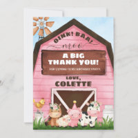 Pink Oink Baa Moo Farm Birthday Thank You Card