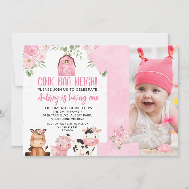 Pink Oink Baa Neigh Girls 1st Birthday Invitation (Front)