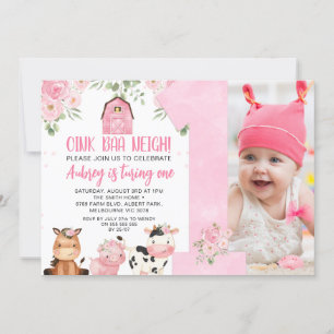 Pink Oink Baa Neigh Girls 1st Birthday Invitation