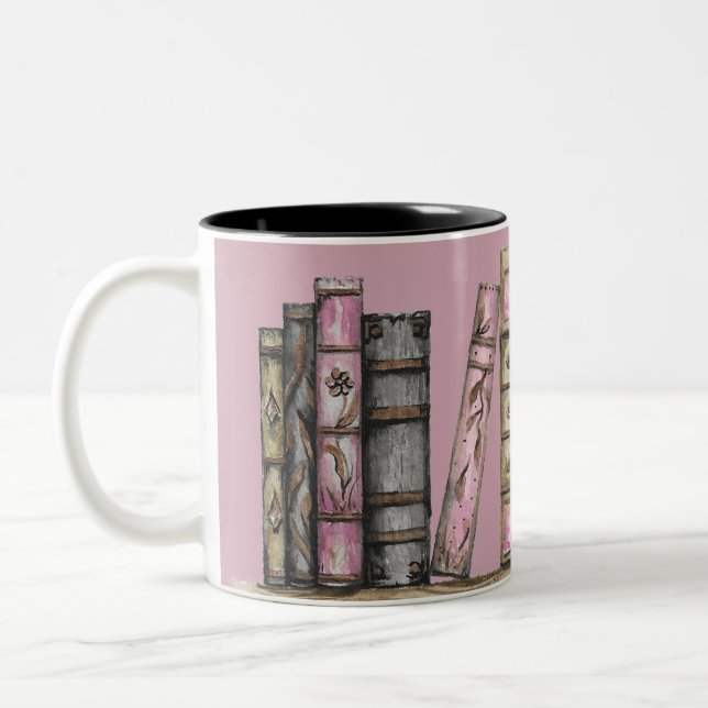 Pink Old Book Library And Clock Two-Tone Coffee Mug (Left)