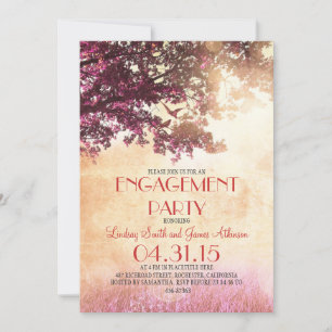 Pink old oak tree & love birds engagement party invitation