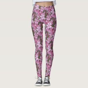 Pink Oleander Rose Laurel Black Outline Art Leggings