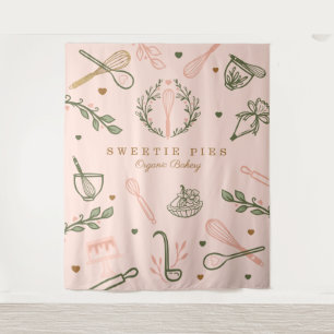 Pink & Olive Green Baking & Cooking Utensil Bakery Tapestry