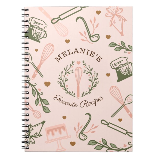 Pink & Olive Green Baking & Cooking Utensil Recipe Notebook (Front)