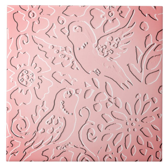 Pink Ombre Bird Woodland Embossed Floral Nature Tile (Front)