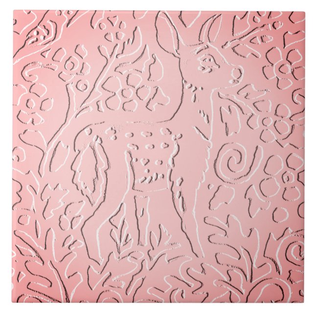 Pink Ombre Deer Fawn Woodland Embossed Floral Tile (Front)