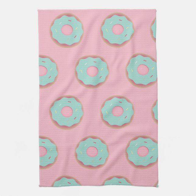 Pink Ombre Doughnuts Teal Doughnut Sprinkles Baker Kitchen Towel (Vertical)