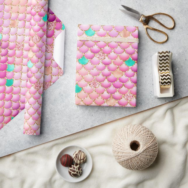 Pink Ombre Foil & Gold Glitter Mermaid Scales Wrapping Paper (Crafts)