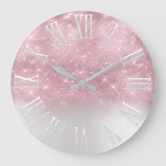 Pink Ombre Glitter effect White Spark Girly Gift Large Clock (Front)