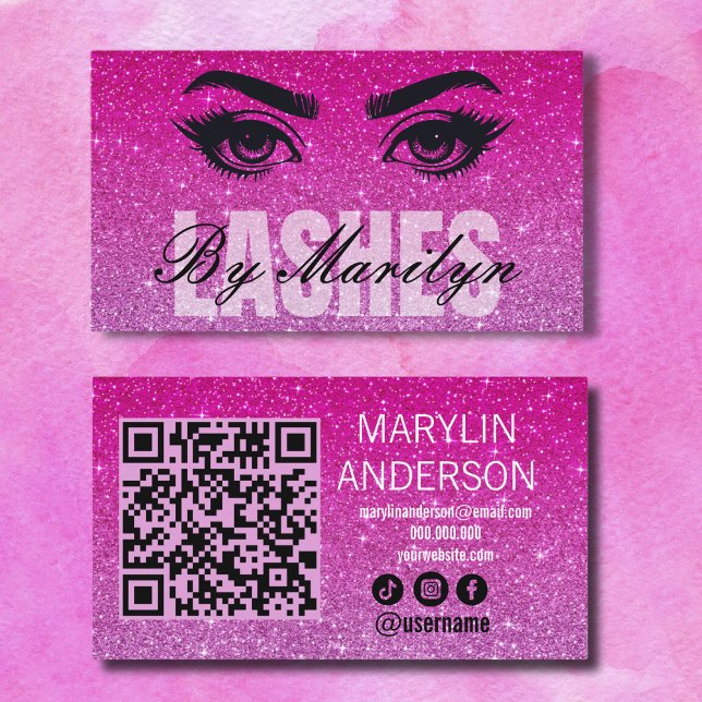 Pink Ombre Glitter Lash Technician Scann QR Code Business Card (Creator Uploaded)