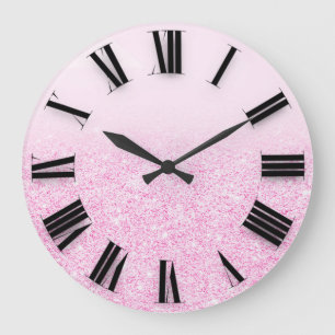 Pink Ombre Glitter Minimal Roman Numbers Large Clock