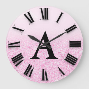 Pink Ombre Glitter Monogram  Roman Numbers Large Clock