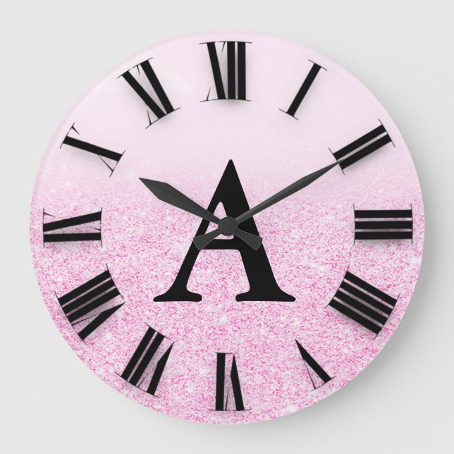 Pink Ombre Glitter Monogram  Roman Numbers Large Clock (Front)
