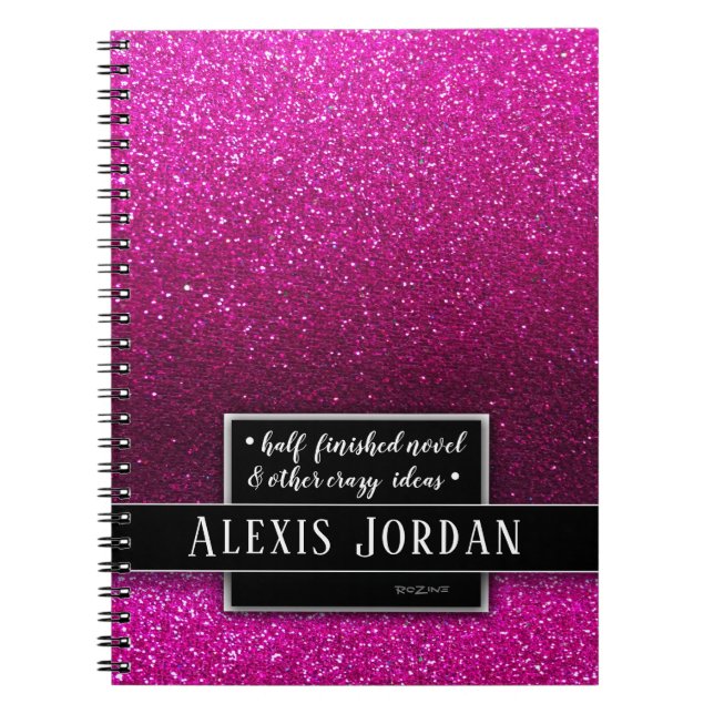 Pink Ombre Glitter Sparkles Black White Monogram Notebook (Front)