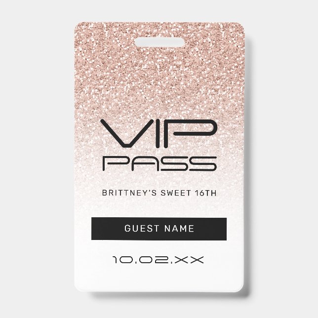 Pink Ombre Glitter Sweet 16th VIP Pass Lanyard Badge (Front)