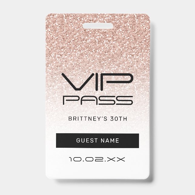 Pink Ombre Glitter VIP Pass 30th Party Invitation Badge (Front)