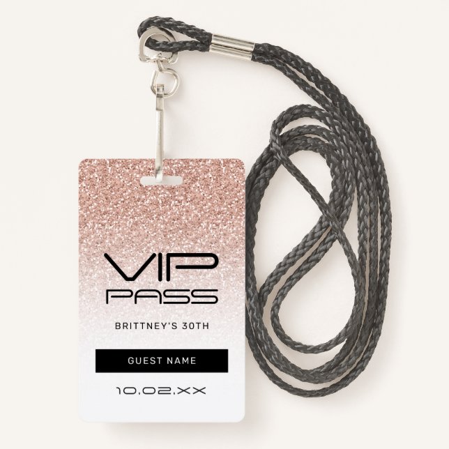 Pink Ombre Glitter VIP Pass 30th Party Invitation Badge (Front with Lanyard)