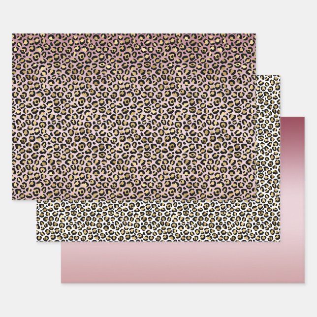 Pink Ombre Gold Black Leopard print          Wrapping Paper Sheet (Set)