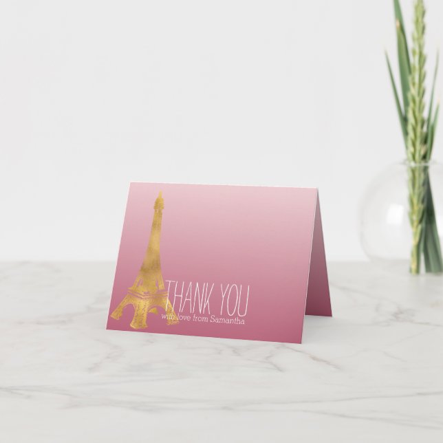 Pink Ombre Gold Glam Eiffel Tower Thank you Card (Front)