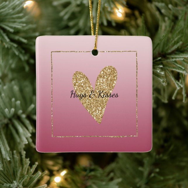 Pink Ombre Gold Glitter Heart Ceramic Ornament (Tree)