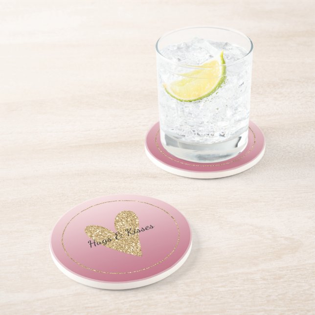 Pink Ombre Gold Glitter Heart Coaster (Side)