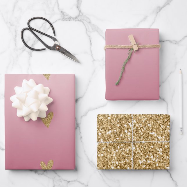 Pink Ombre Gold Glitter Heart Wrapping Paper Sheet (Front)