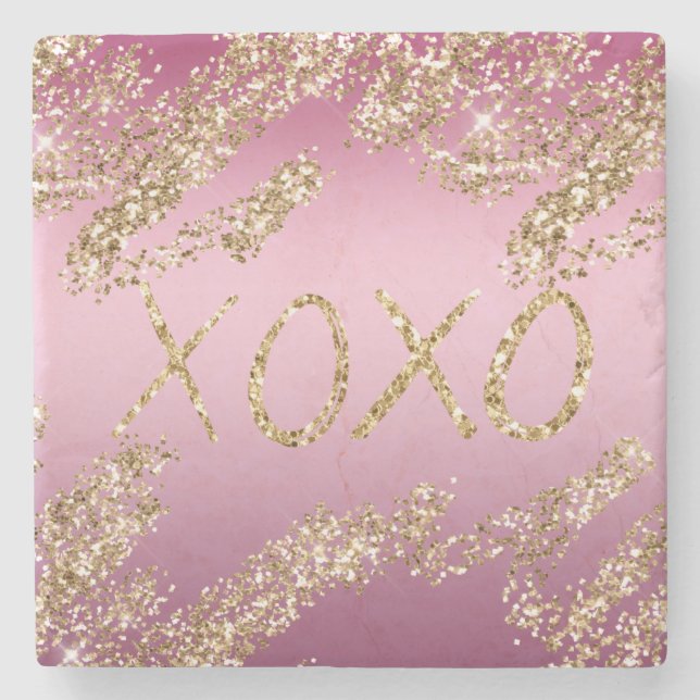 Pink Ombre Gold Glitter Heart XOXO Stone Coaster (Front)